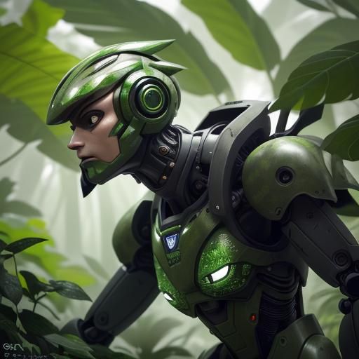Eco-Friendly Robot Blends into Lush Forest: Matte Painting
