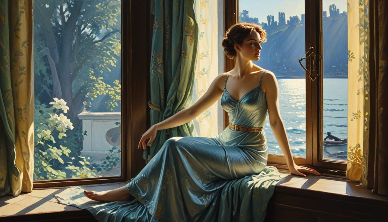 Romantic Ballet Scene with Radiant Window Light, in the Styl...