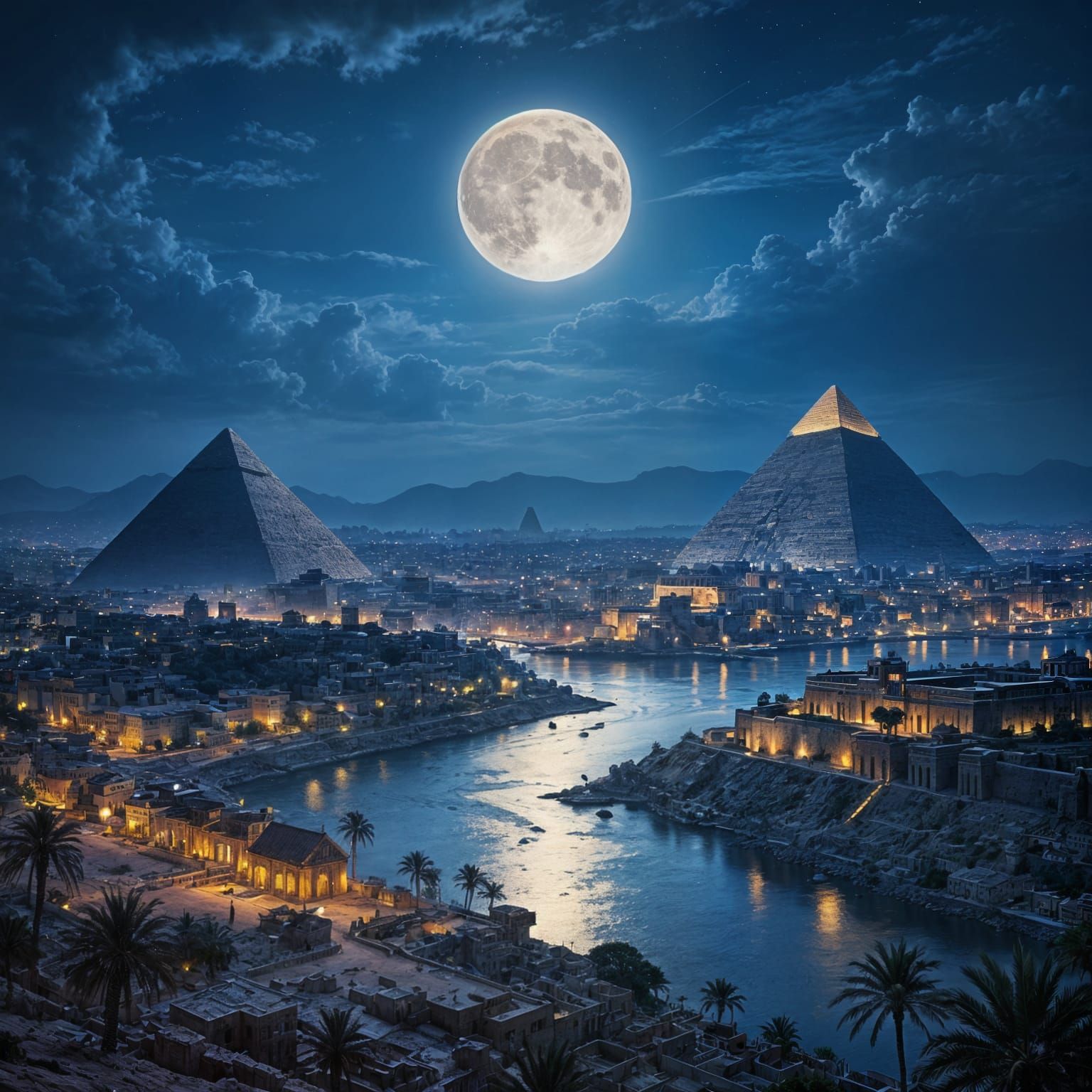 Egyptian City Under Moonlight: Painterly Fantasy Art