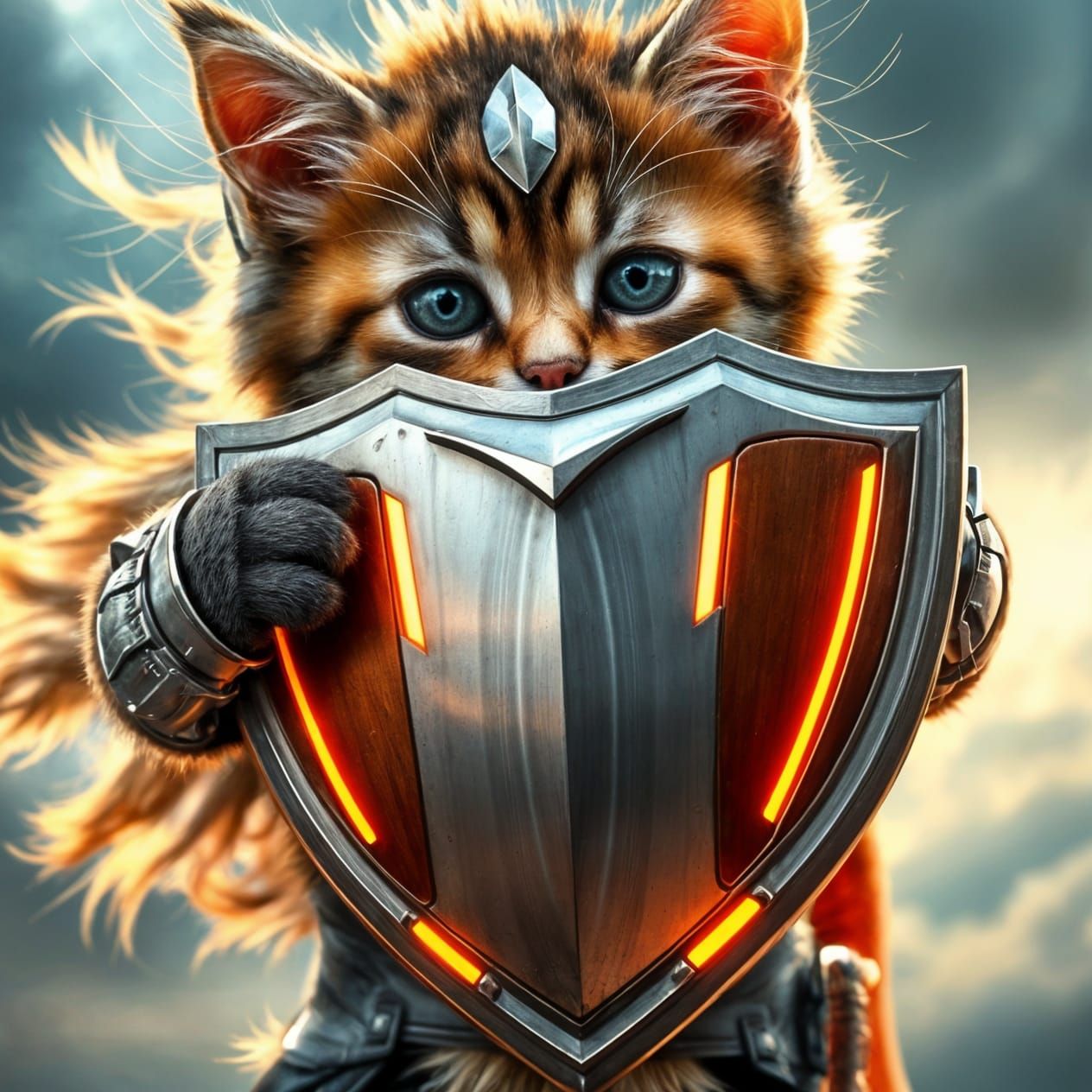 Heroic Kitten Wields Futuristic Shield in Stormy Sky