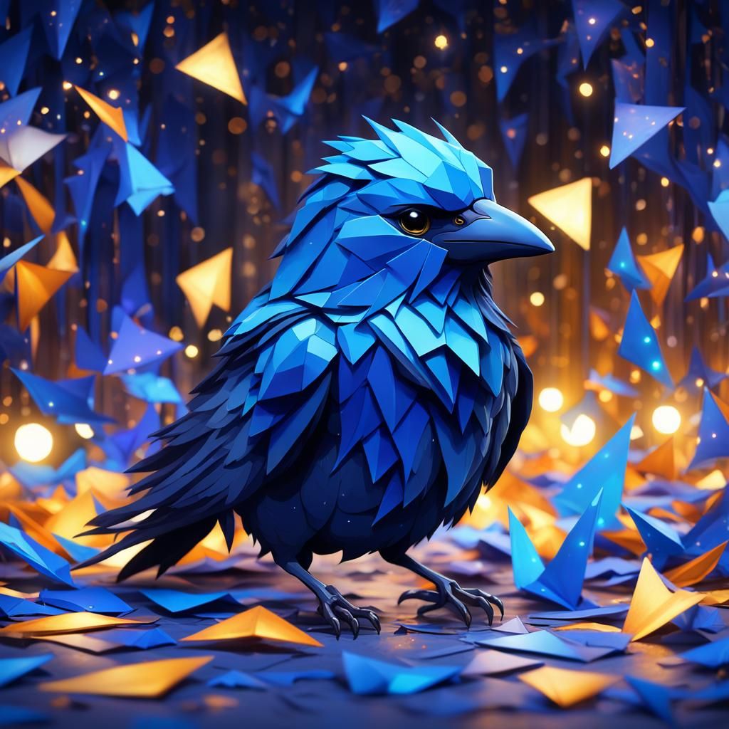 Chibi Blue Crow in Ghibli-Style Night Lights
