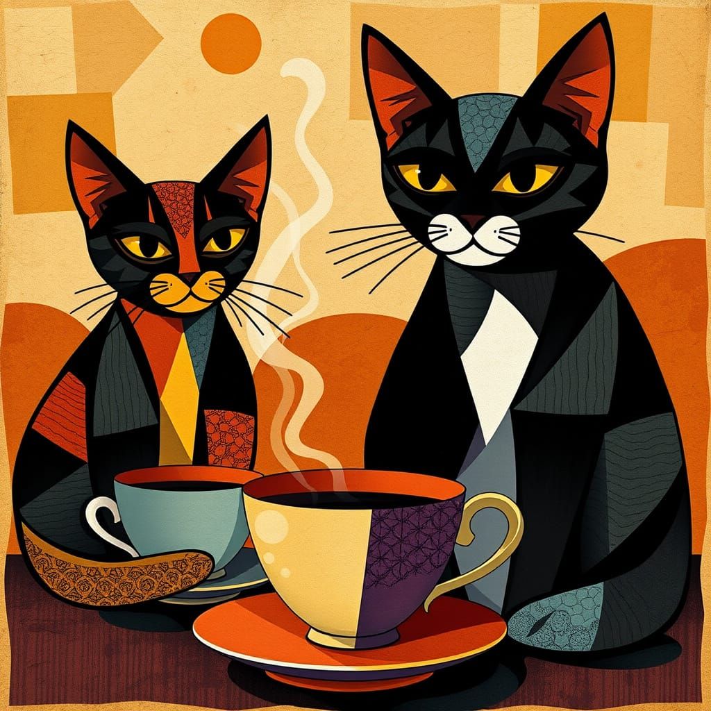 Cubist Cats Amidst Coffee in Vibrant Geometric Forms