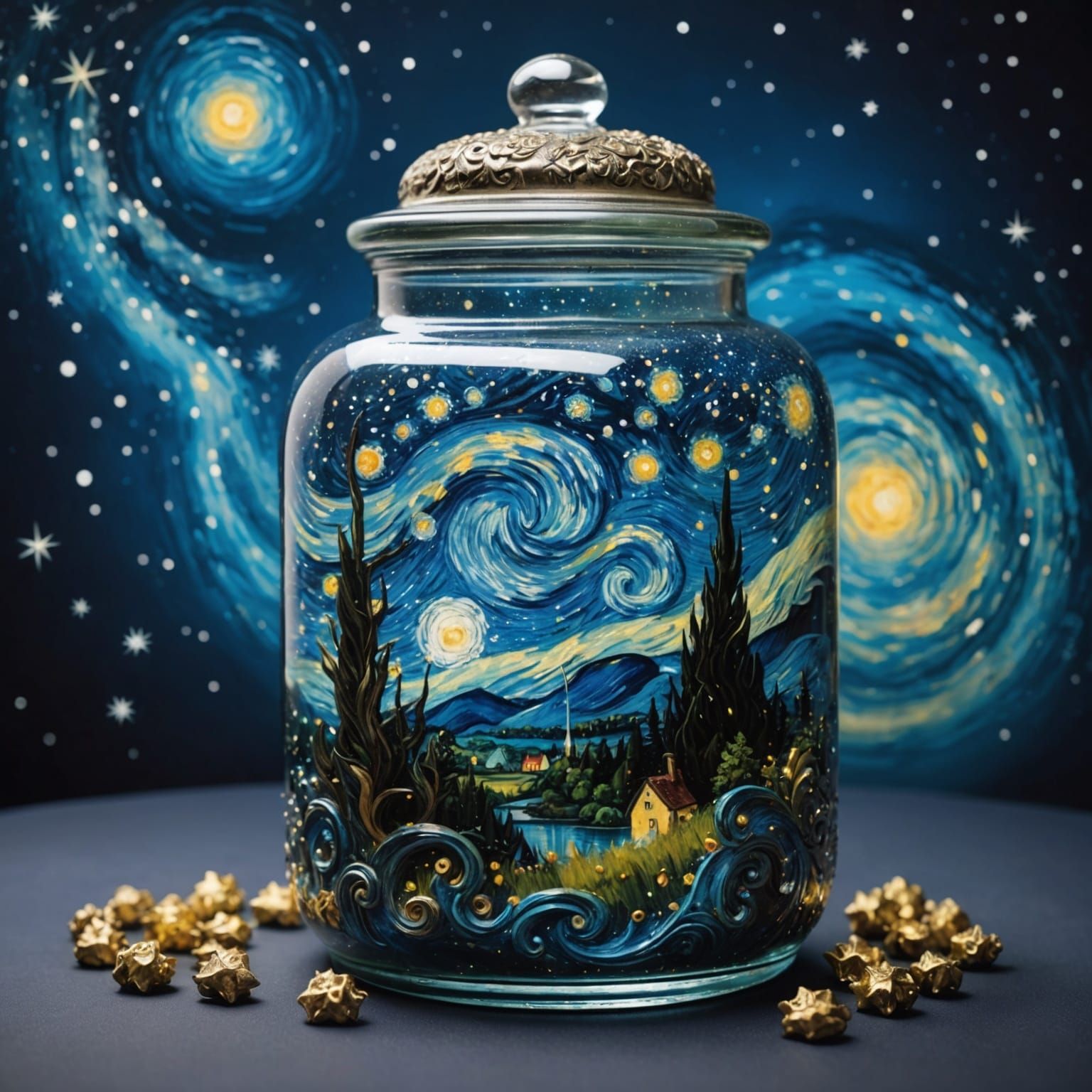 Starry Night Sky in Glass Jar: Impasto Oil Painting