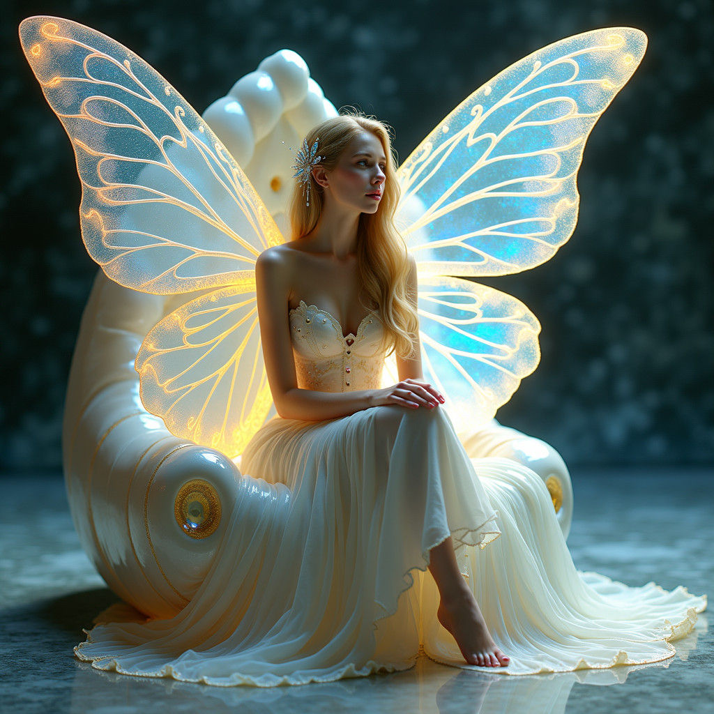 Ethereal Maiden on Pearl Throne in Dreamy Style