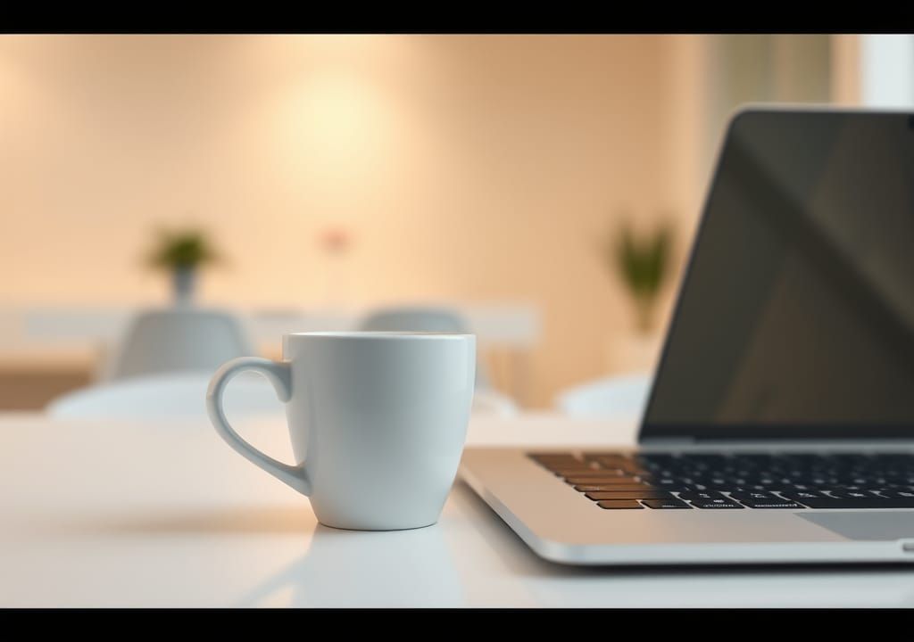 White Coffee Cup and Laptop in Minimalist Office