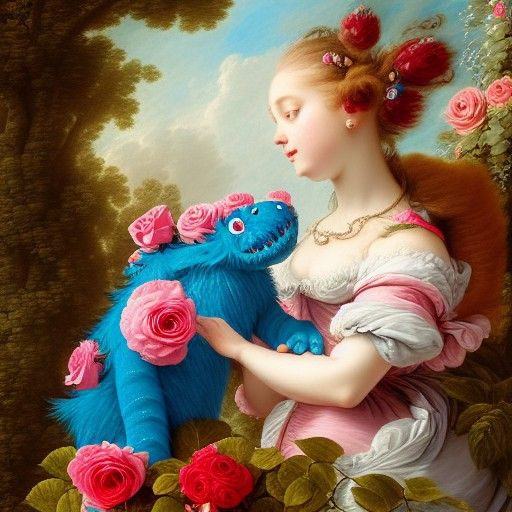 Girl and Pet Monster in Rococo Fantasy Style