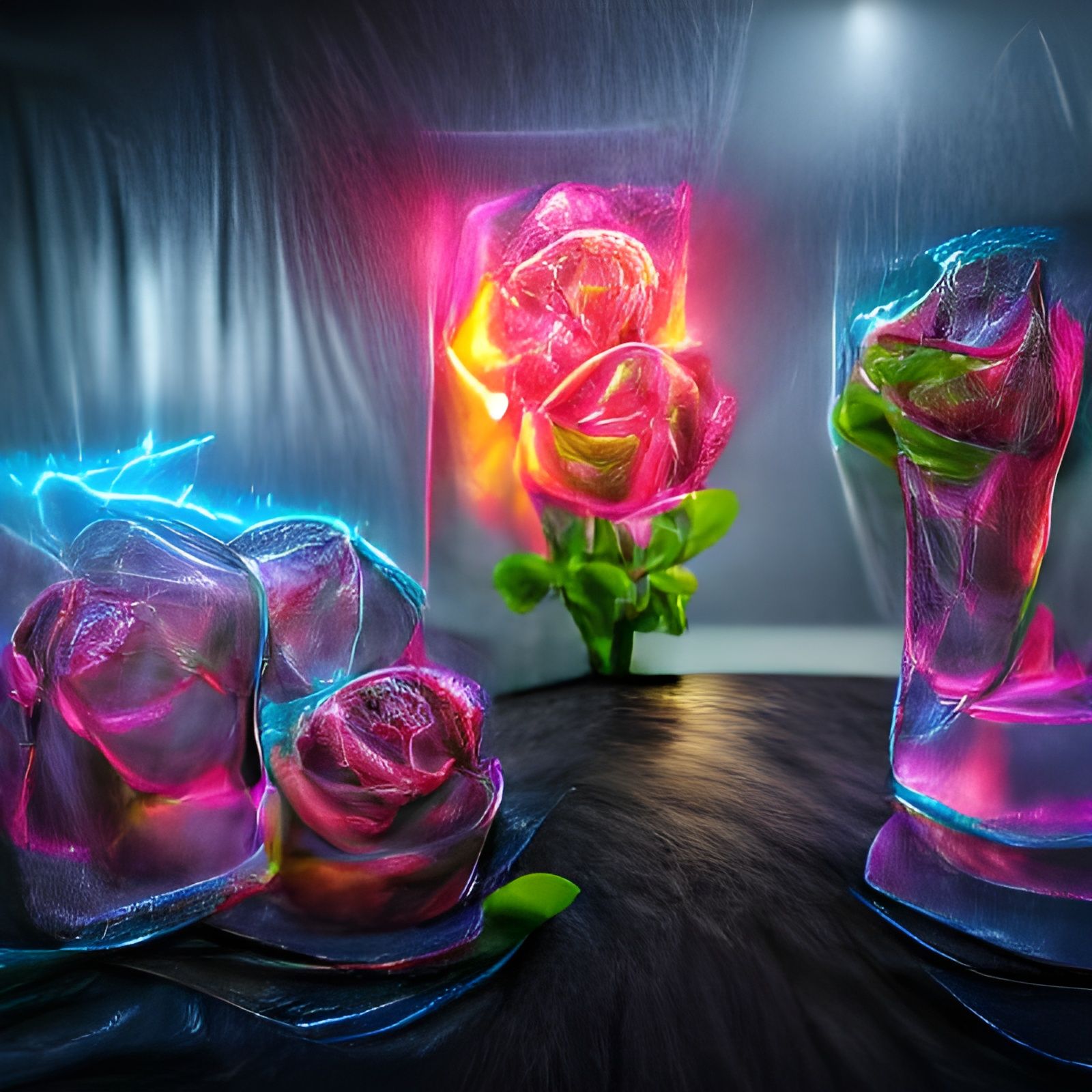 Translucent Glass Roses Lit by Lightning