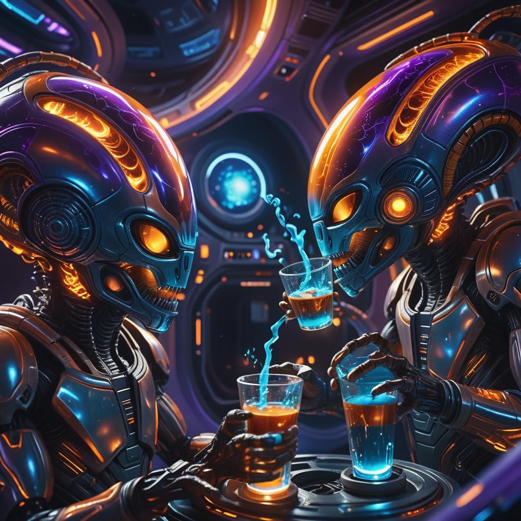 Sci-Fi Aliens Sipping Plasma in Space Capsule