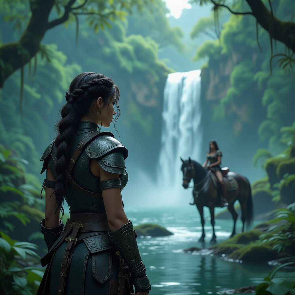 Amazonian Girl Watches Waterfall Reflection with Black Horse