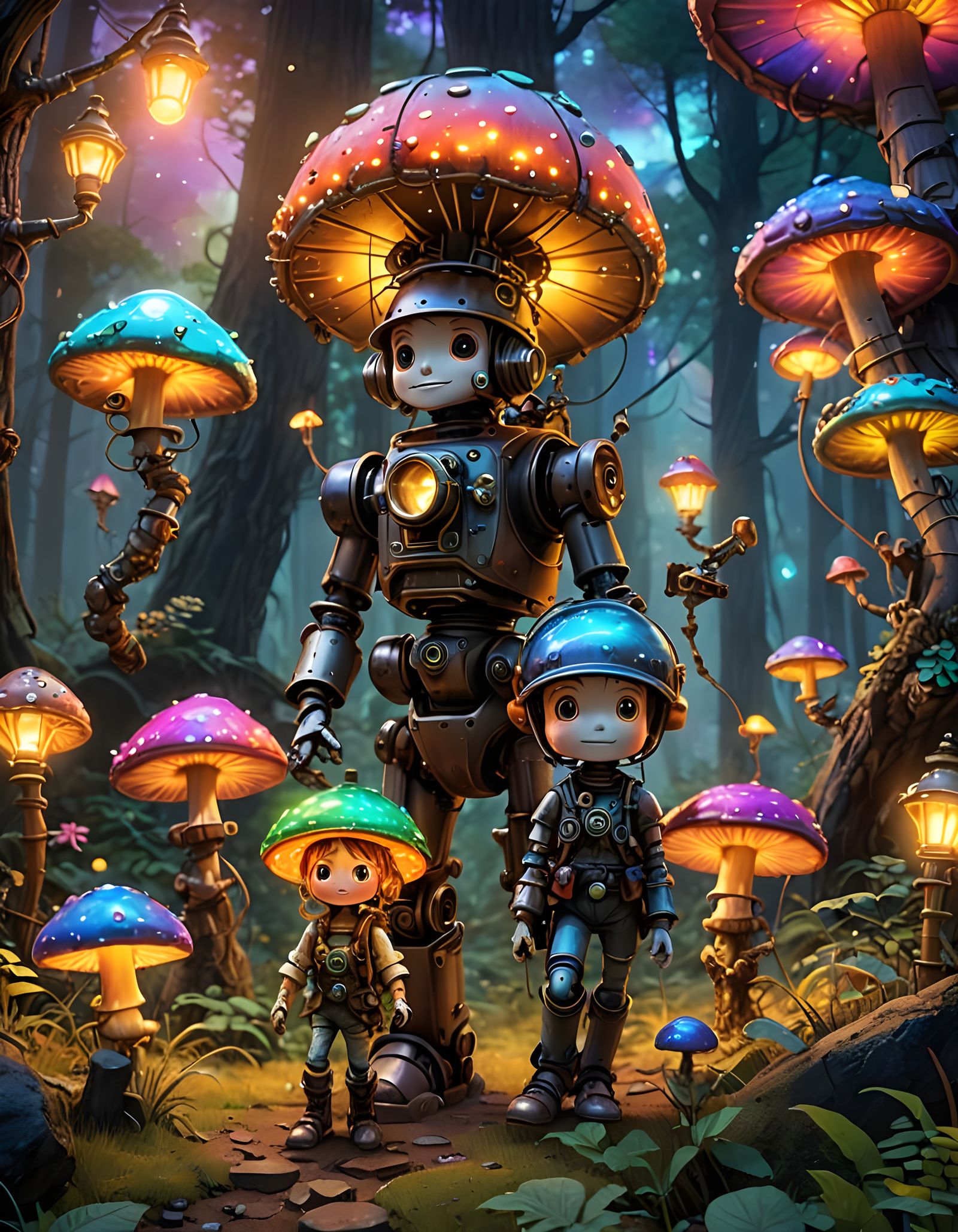 Steampunk Robot Fairies in Psychedelic Mushroom Forest