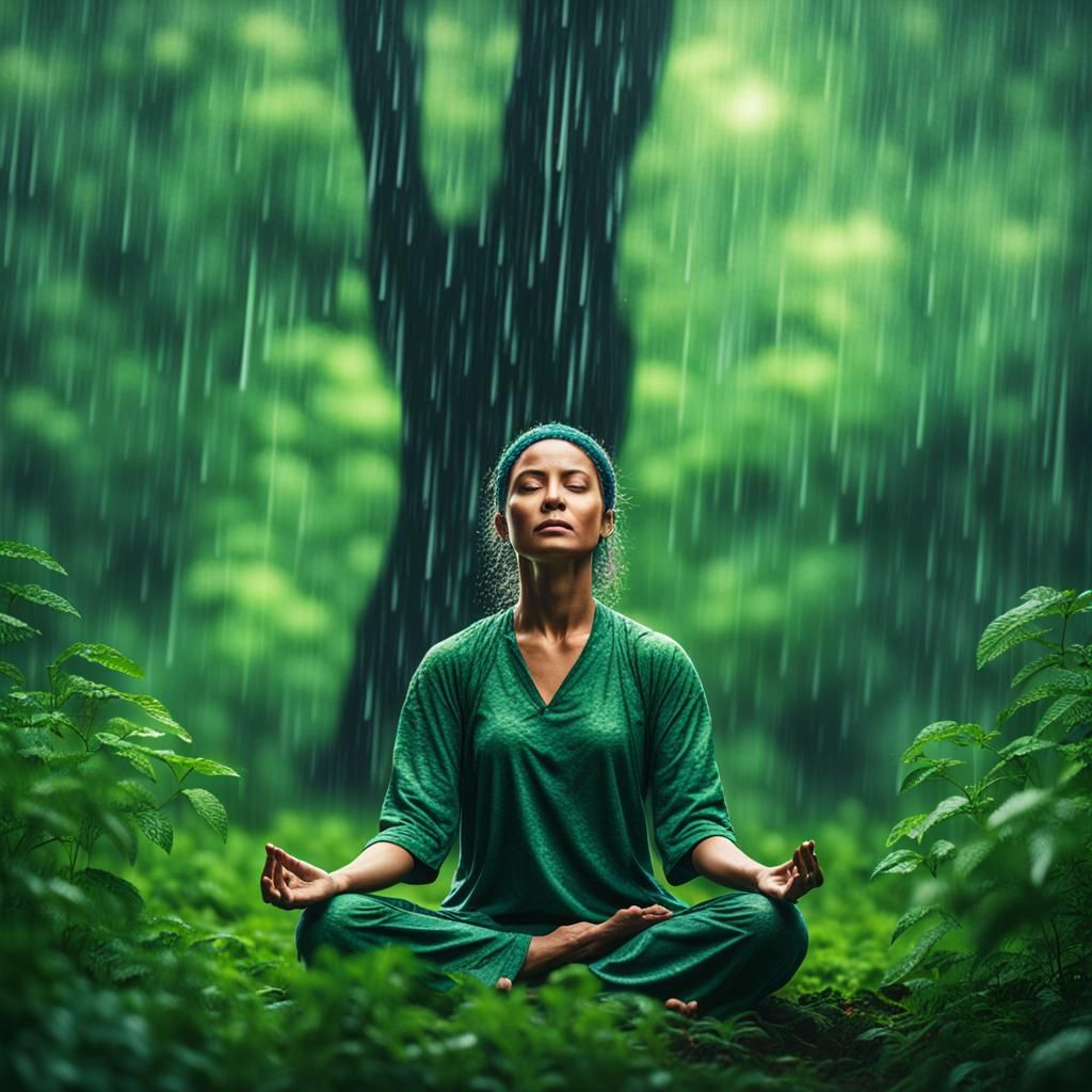 Meditating Woman in Rainy Green Forest