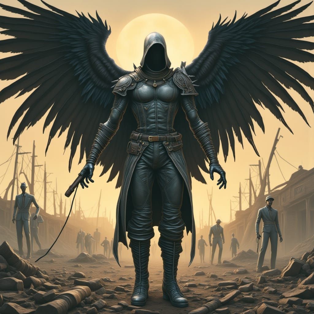 Angel of Destruction in Dystopian Cyberpunk Landscape
