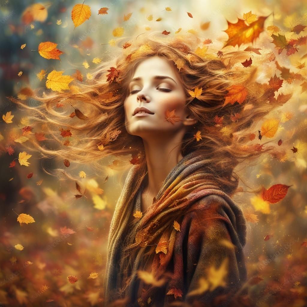 Enchanting Autumn Fairy with Wind and Golden Leaves
