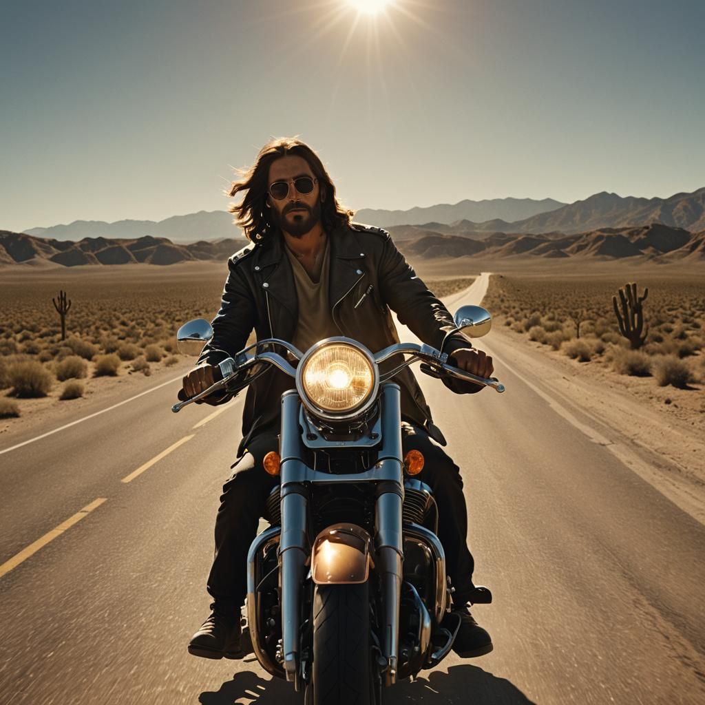 Jesus Rides a Harley in Desert: Cinematic Still