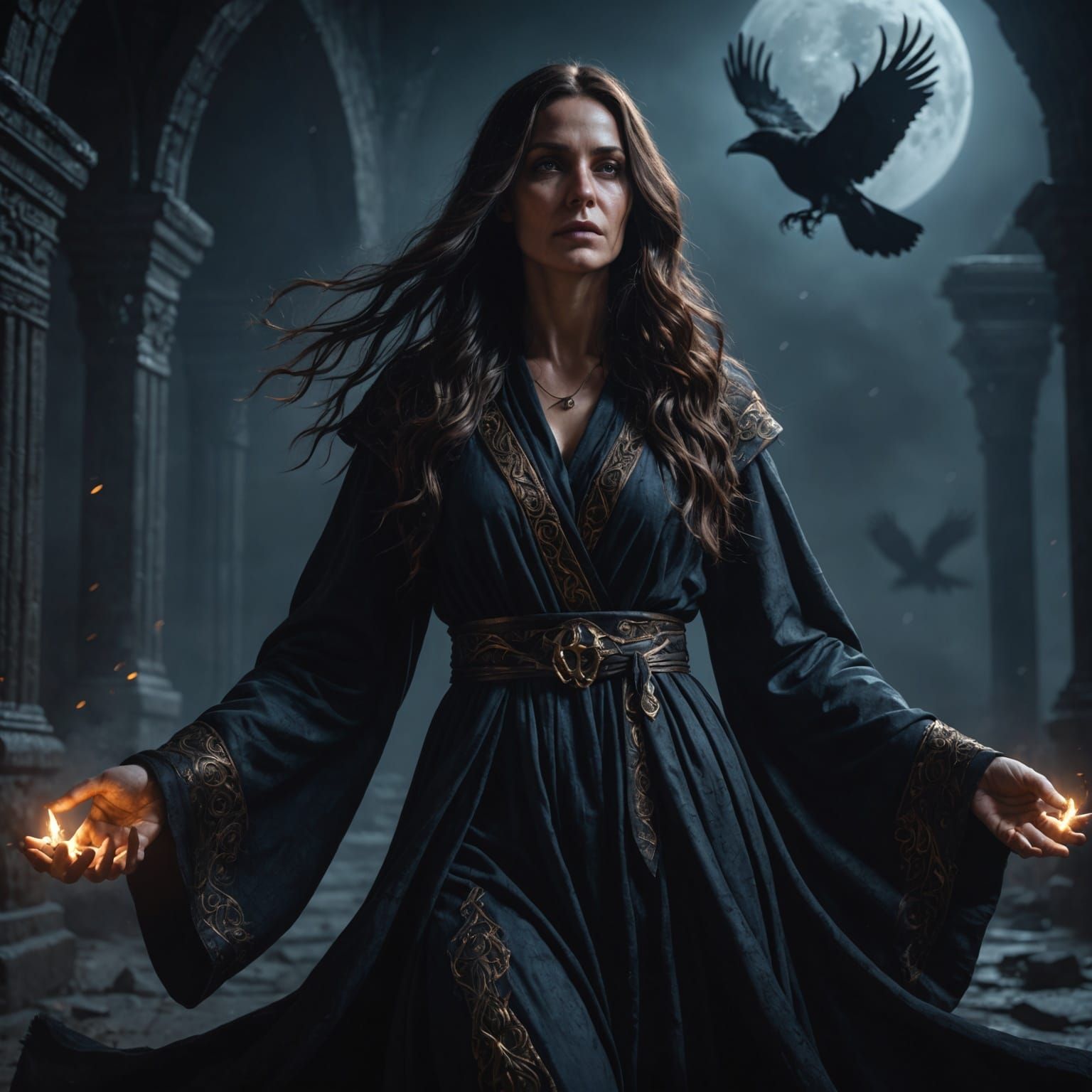 Darkness Shrouded Woman in Raven Robe, Digital Painting