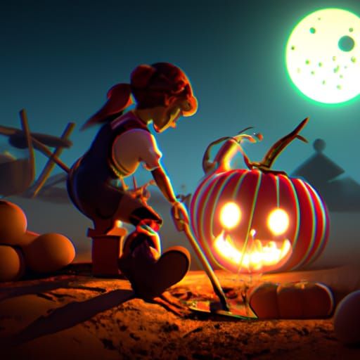 Girl Buries Pumpkin Under Evil Moon: 8K Hyperrealism