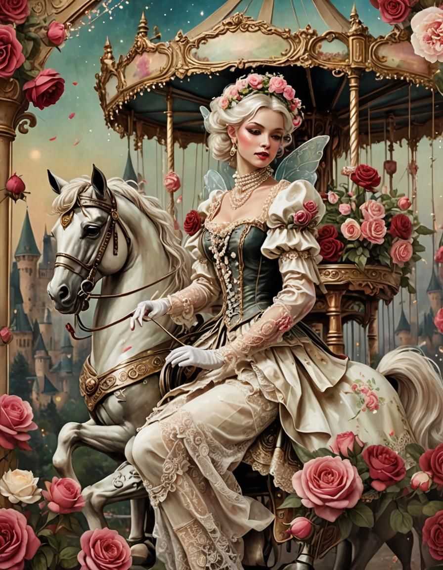 Vintage Fairy on Carousel with Roses and Twinkle Lights