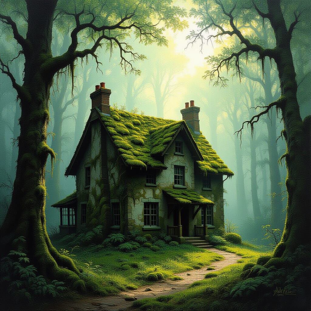 Old Mossy House in Misty Forest, Oil Painting Style