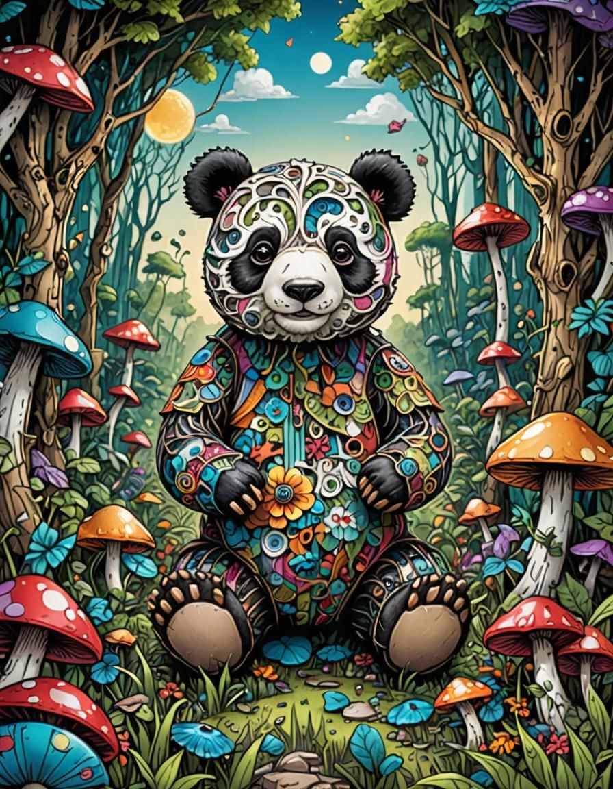 Panda Teddy Bear in Mushroomland Card, Comic Art