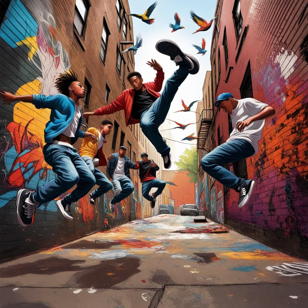 Teenage Breakdancers in Graffiti Alley Splash Art
