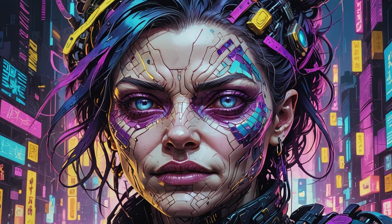 Cyberpunk Woman's Distorted Portrait in Neon Cityscape