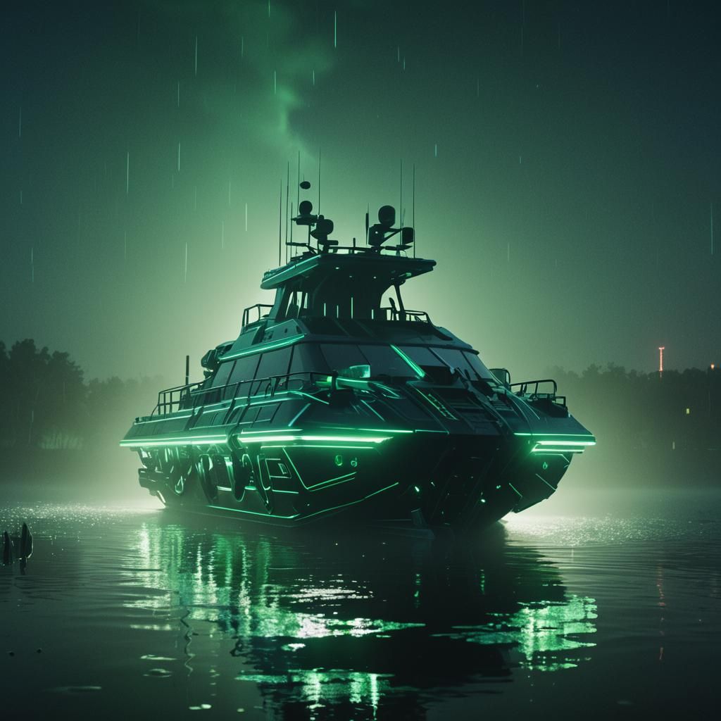 Futuristic Neon Boat on Dark Lake