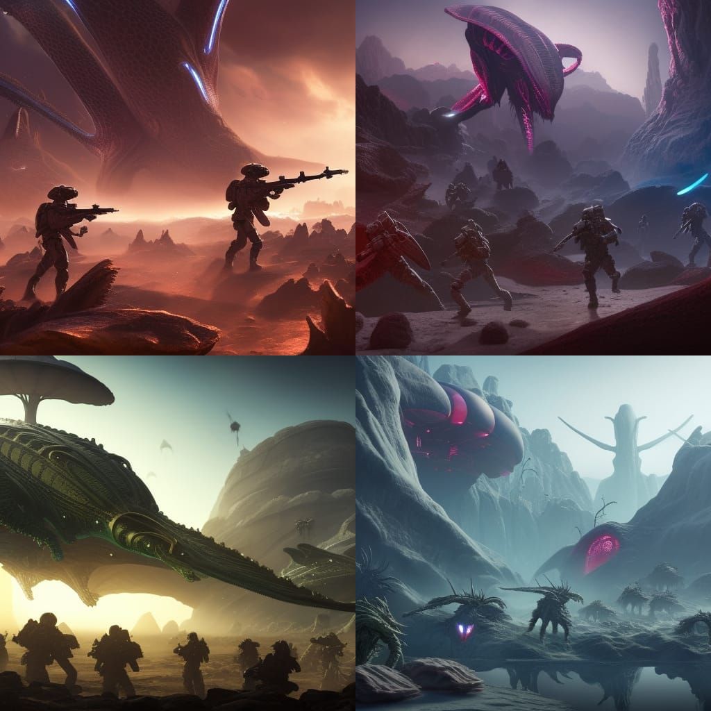 Futuristic Soldiers Battle Aliens: Detailed Matte Painting