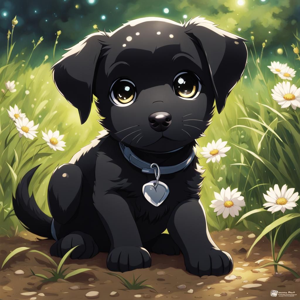 Cute Black Puppy with Anime-Style Eyes