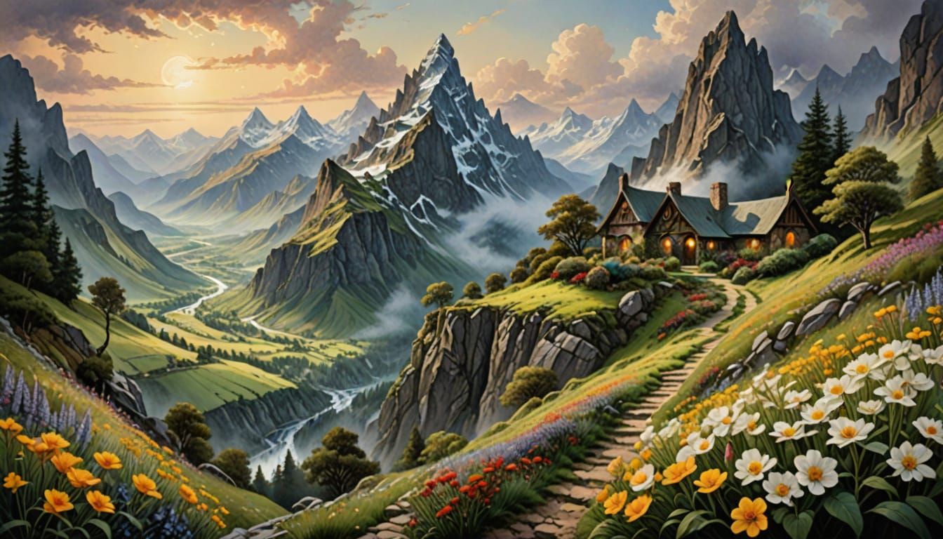 Ethereal Lord of the Rings Mountain Landscape in Hyperrealis...