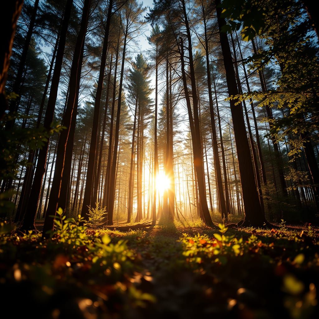 Golden Hour Sun Rays Through Forest Trees