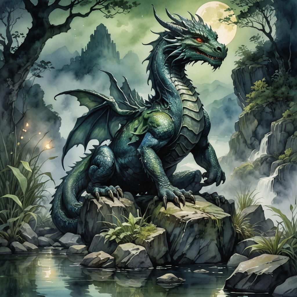 Mystical Dragon Perched in Marsh: Watercolor Art