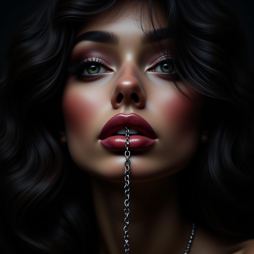 Mysterious Woman Portrait with Flowing Chain and Glossy Lips