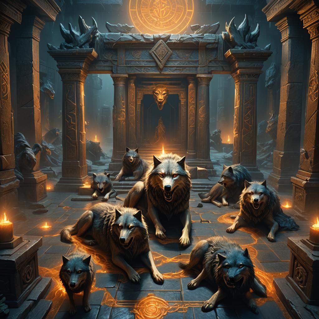 Wolves in Temple Net Trap: Epic Fantasy Art