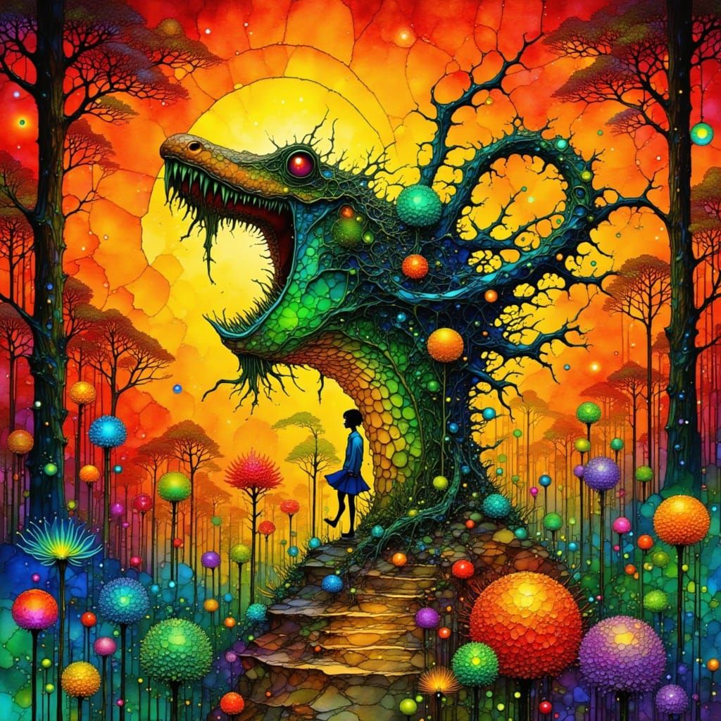 Steampunk Creature in Neon Dreamscape