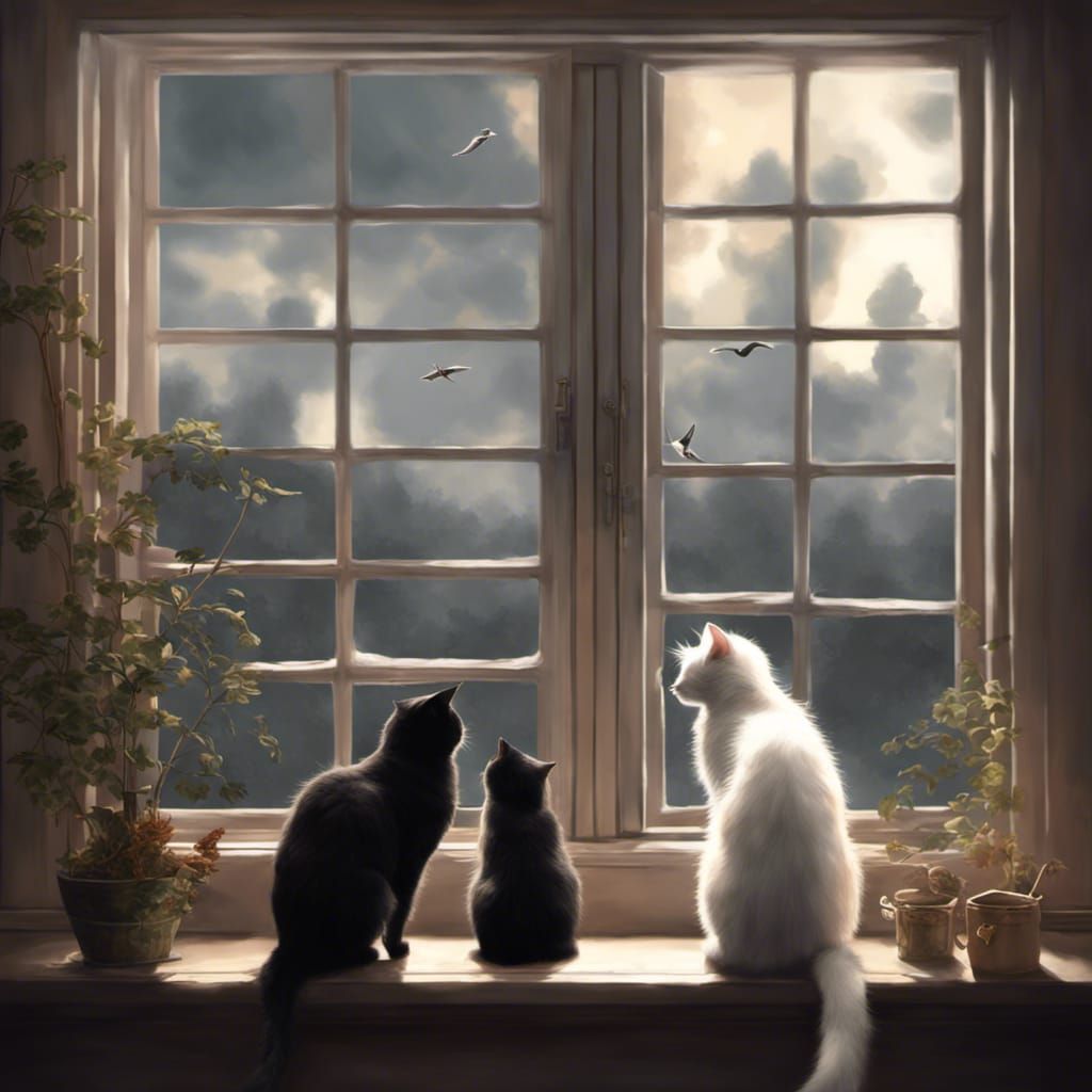 Cats Watching Bird: Digital Matte Painting