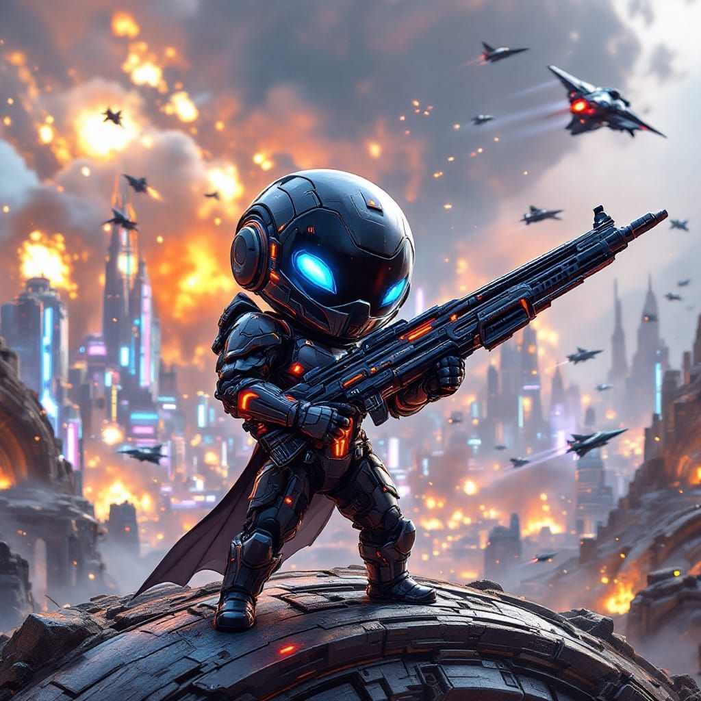 Chibi Exosuit Warrior in Neon Metallic Armor, Alien Cityscap...