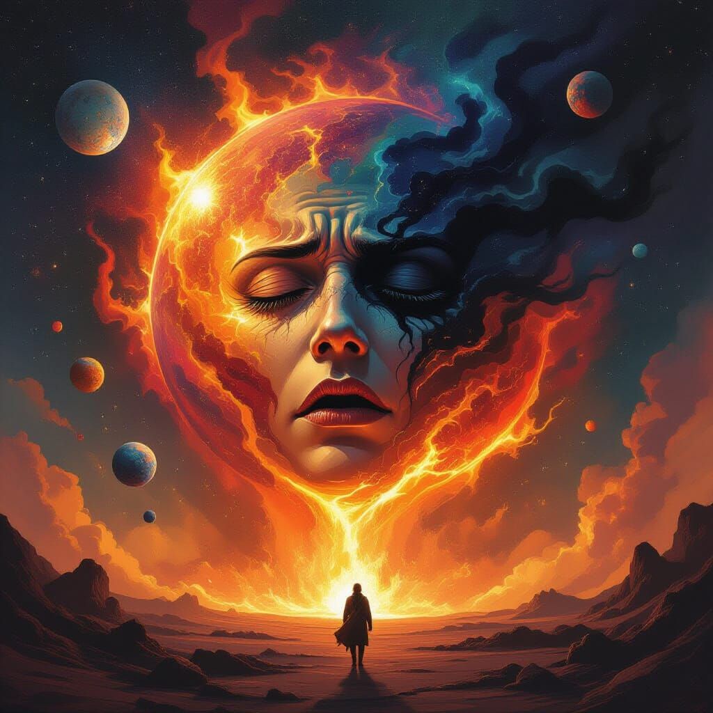 Burning Planet Face in Cosmic Dystopian Chaos