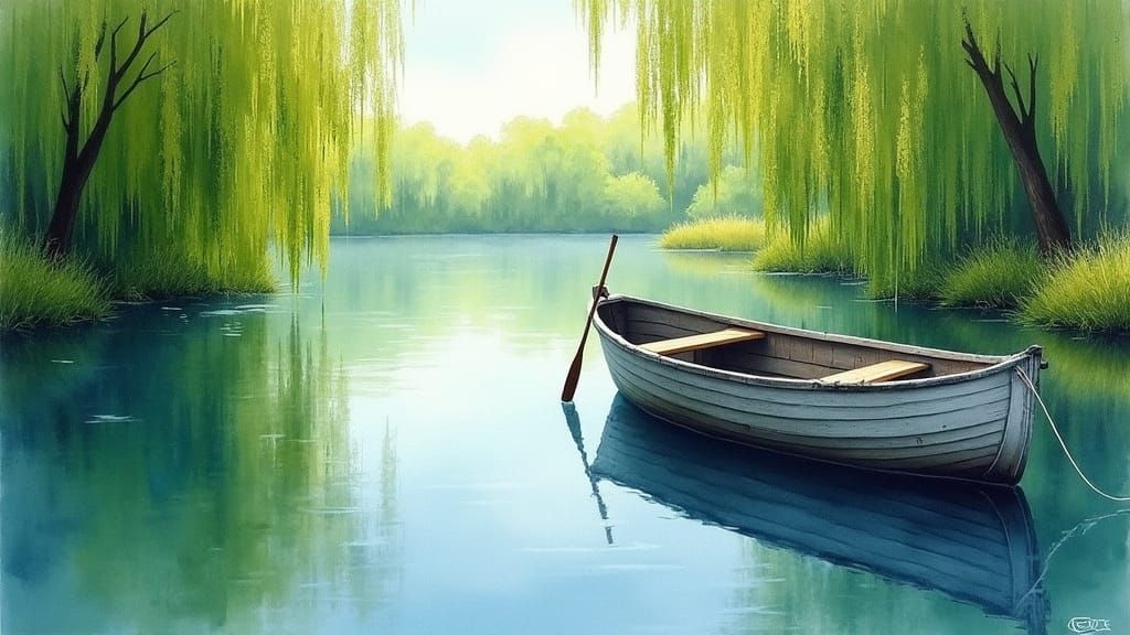 Serene River Boat in Watercolor Style
