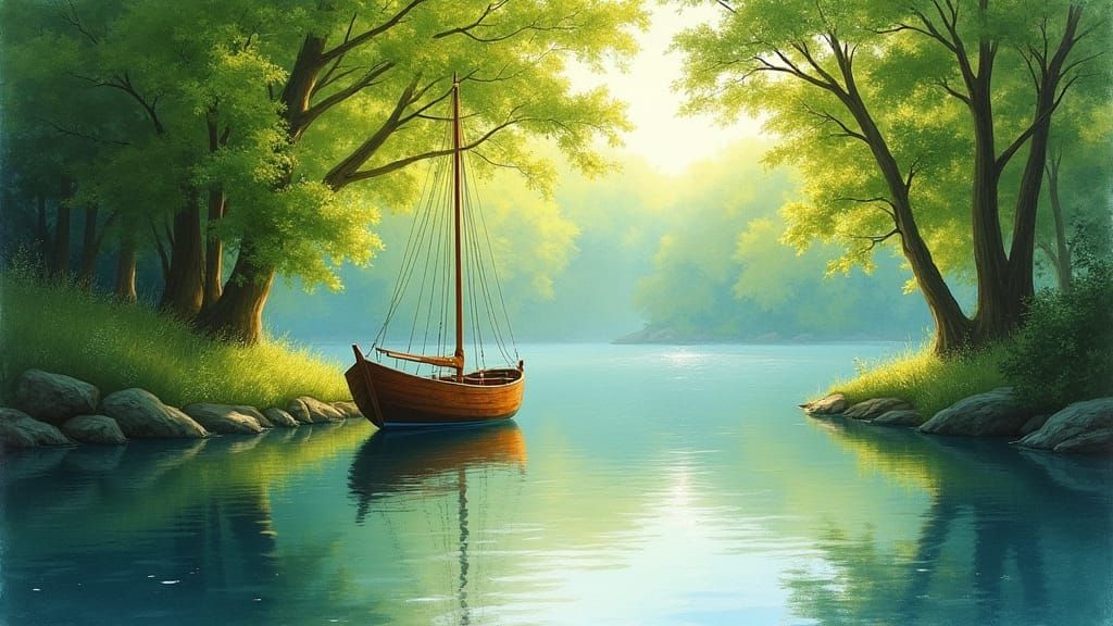Serene Sailboat on Glassy River, Impressionistic Style
