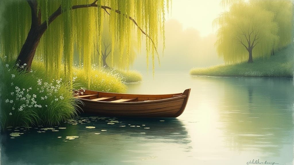 Serene River Boat in Watercolor Style