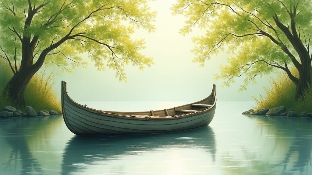 Serene River Boat in Watercolor Style