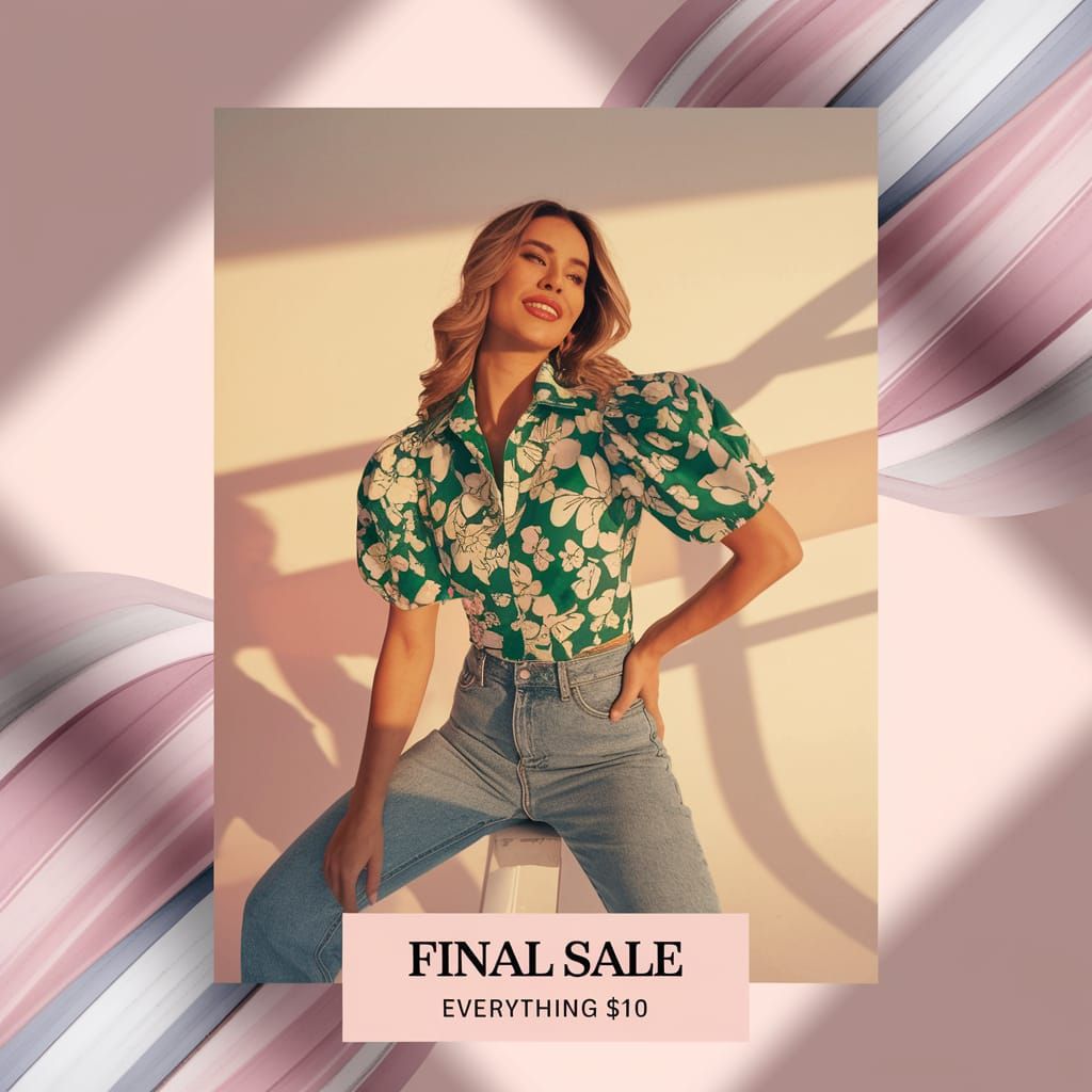 Elegant Woman in Floral Puff Sleeved Shirt and Jeans in Soft...