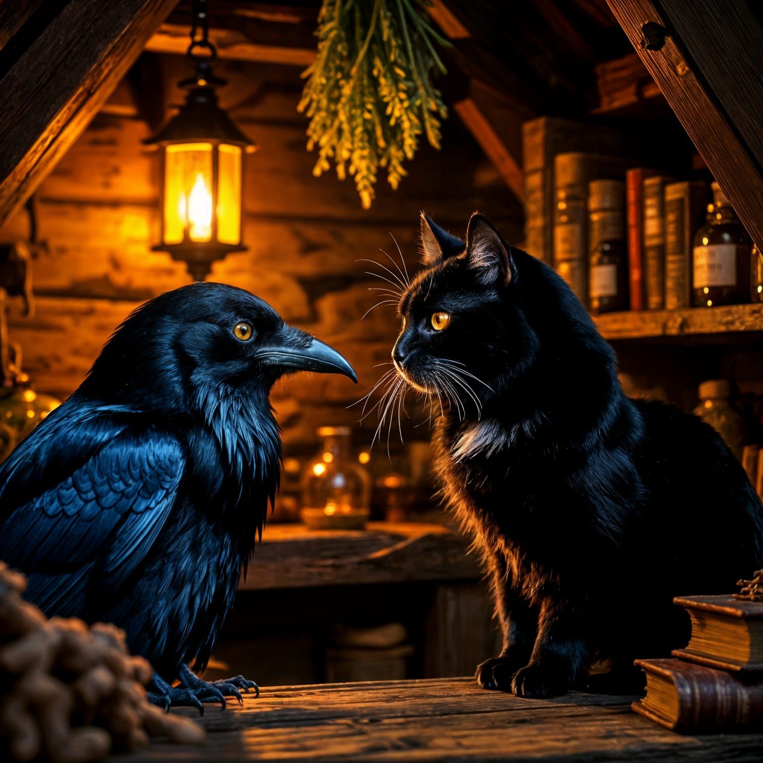 Raven and Cat in Enchanted Medieval Cottage