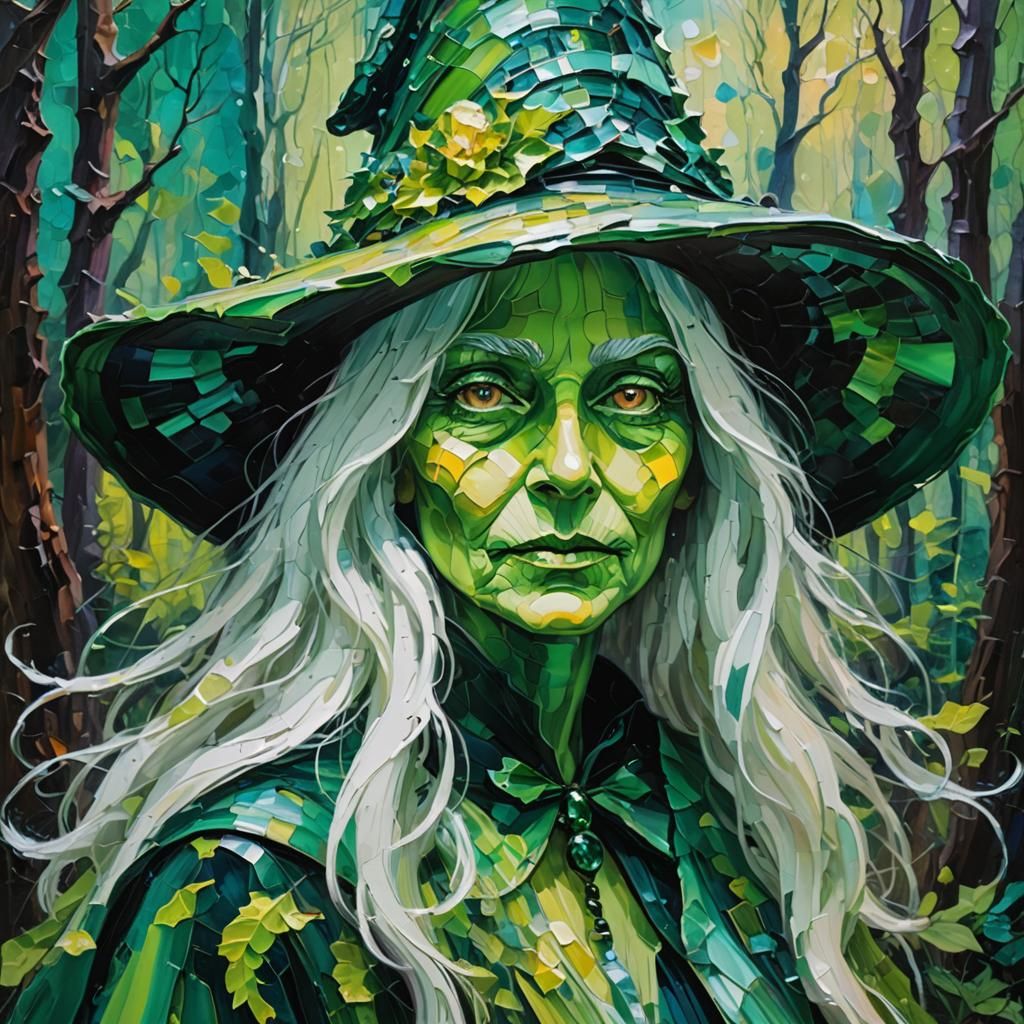 Green Glass Witch in Mystical Forest as Impasto Painting