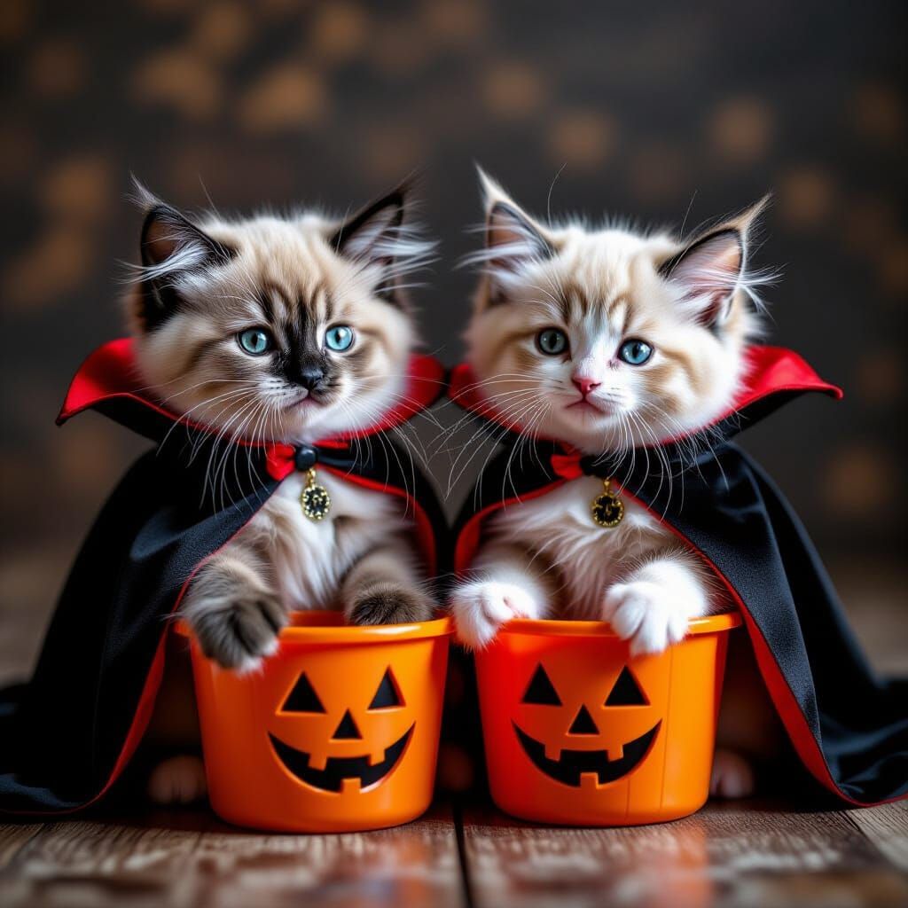 Ragdoll Kittens as Vampires with Halloween Decor