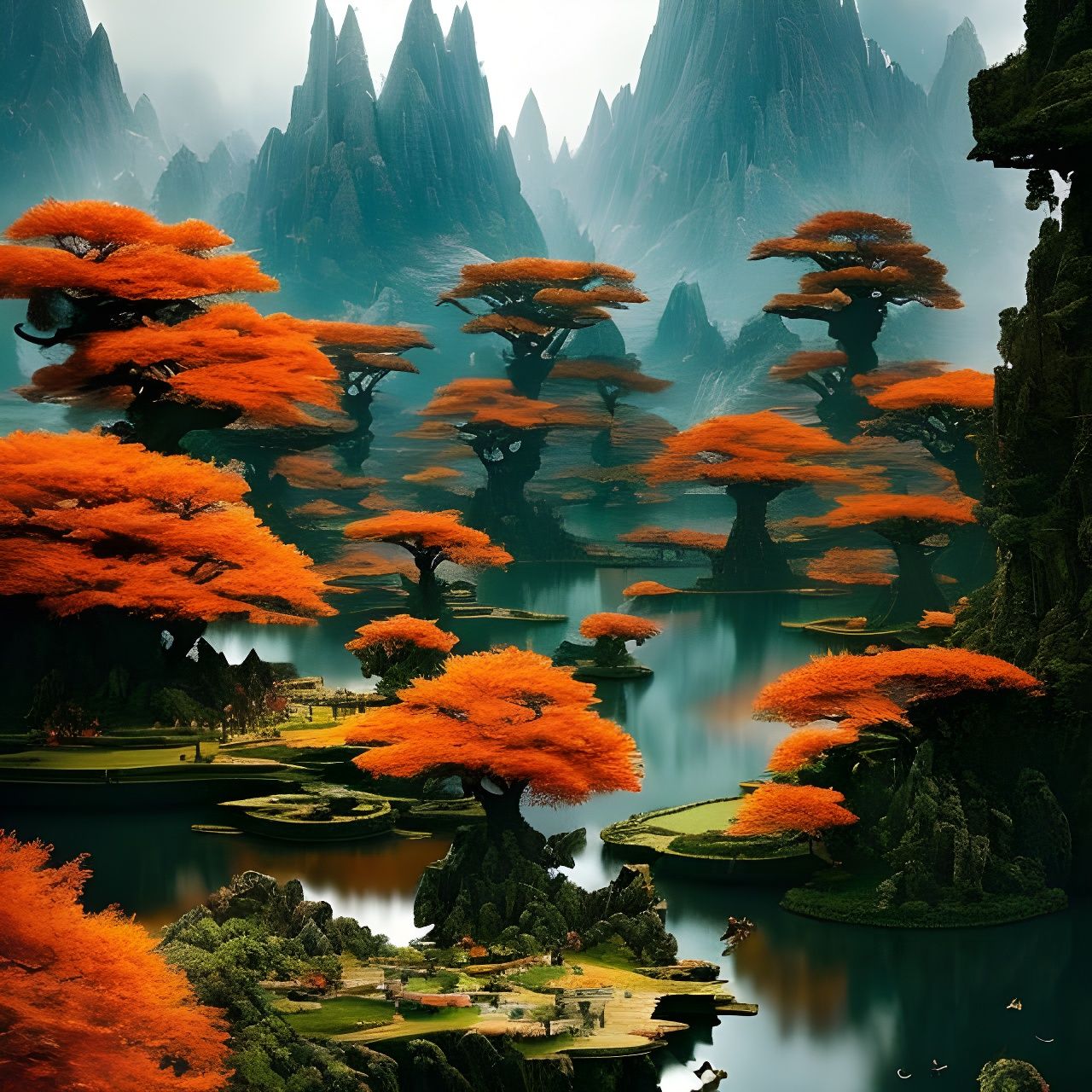 Orange Tree Paradise: Hyperdetailed Mountain Lake Landscape
