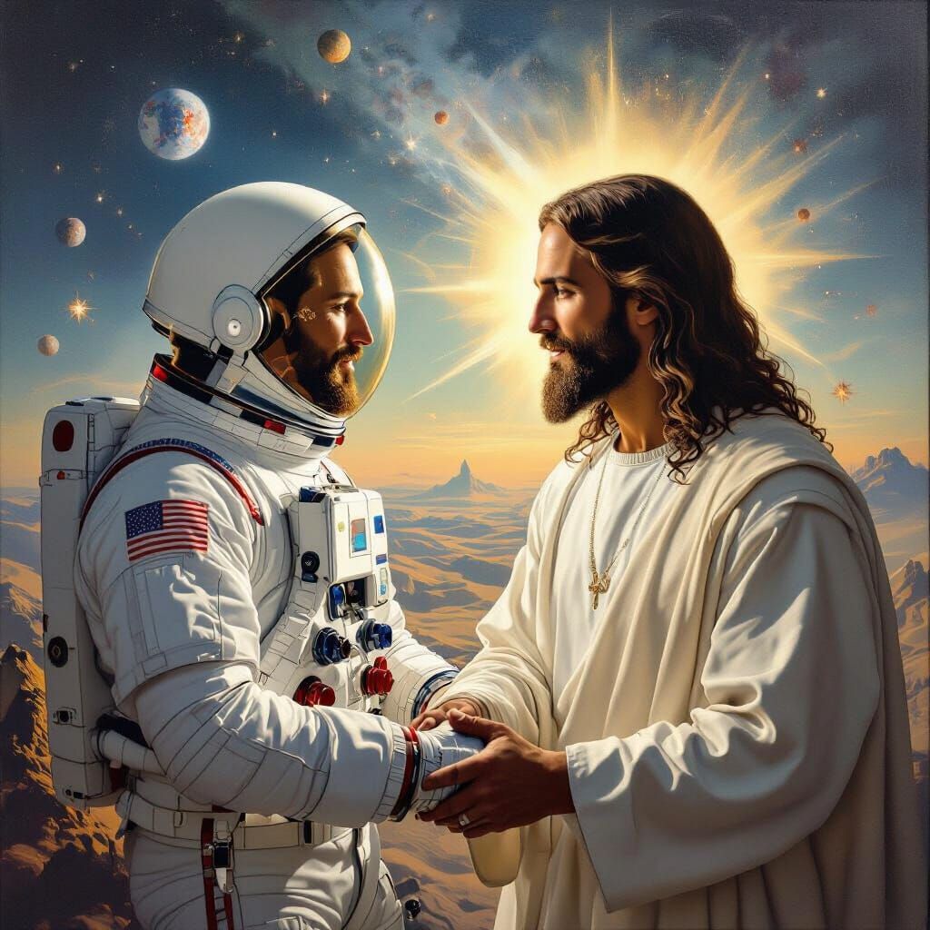 Astronaut Meets Jesus in Surreal Dreamscape