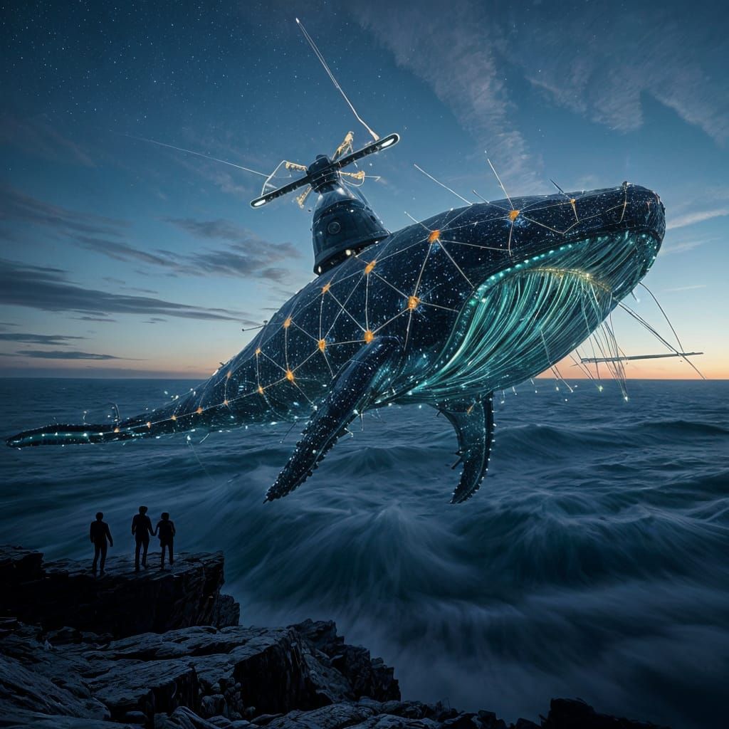 Giant Satellite Whale in Twilight Sky