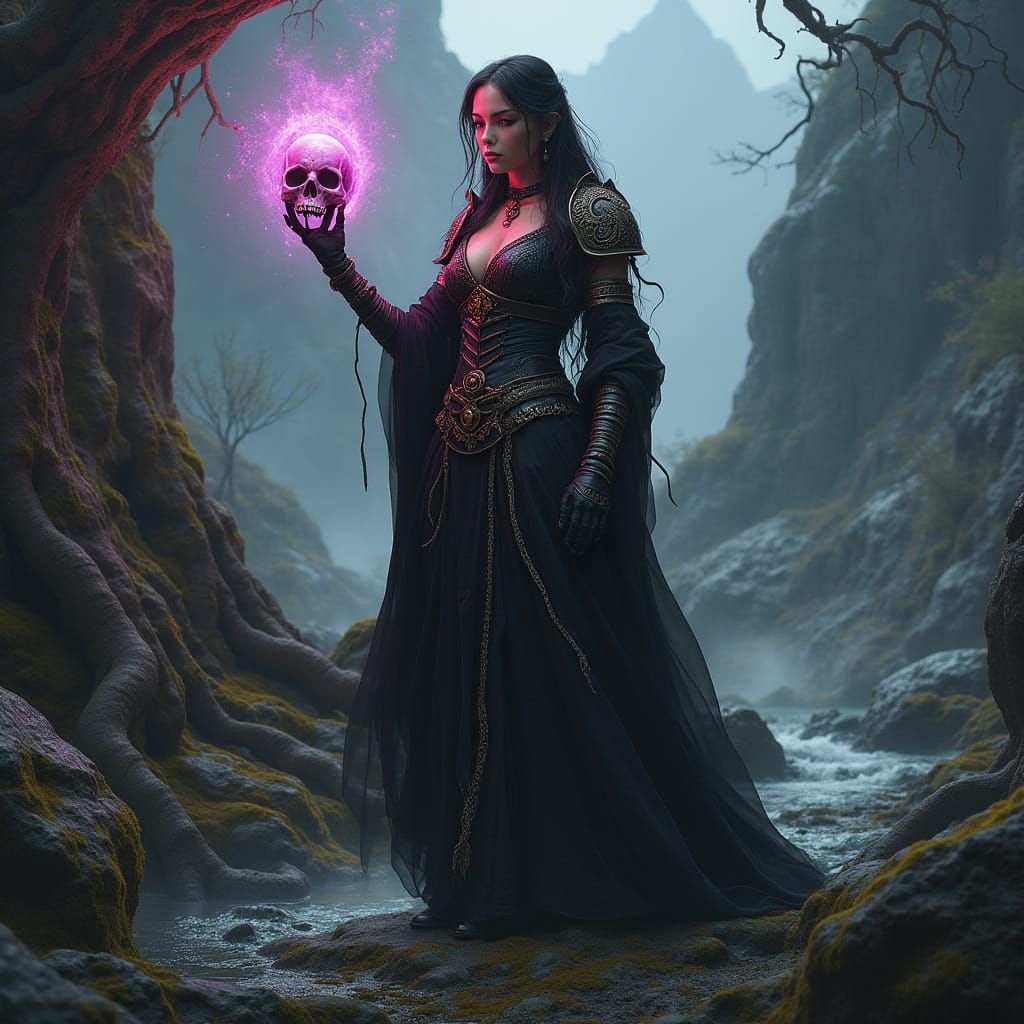 Mystical Sorceress in Dark Fantasy Landscape