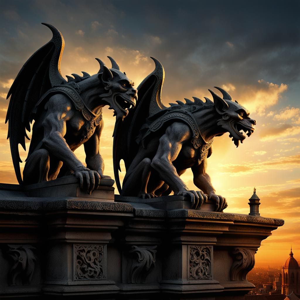 Baroque Spanish Gargoyles at Sunrise: Chiaroscuro Digital Pa...